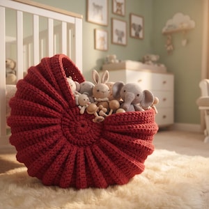 Op de afbeelding: Een dieprode, ronde gehaakte mand met een geribbelde textuur, gevuld met verschillende kleine, zachte knuffels, waaronder een lichtbruin konijn en een grijze olifant. De mand heeft een opvallend spiraalpatroon in het midden.
