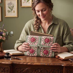 May include: A rectangular crochet book cover featuring a granny square pattern in shades of sage green, dusty pink, and dark rose. The cover includes a matching sage green crocheted tie closure centered on the front, designed to secure a book inside.
