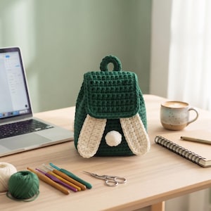 Peut inclure: Un sac à dos en crochet vert foncé doté d'un rabat, de deux longues pièces en forme d'oreilles couleur crème et d'un petit pompon blanc. Le sac est réalisé avec un point texturé et comprend une poignée supérieure pour le transport.