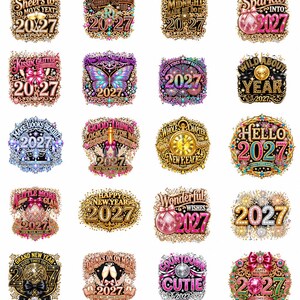 以下が含まれることがあります： 2027年の新年を祝う24種類のデジタルグラフィックデザイン集。ゴールド、ピンク、マルチカラーのテキスト、グリッター、ミラーボール、シャンパングラス、時計、蝶、花火などの装飾が施され、すべて2027年という年をテーマに構成されています。