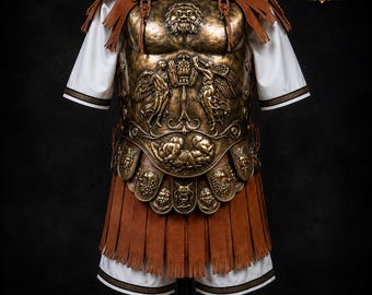 Armadura romana Lorica Musculata / Coraza muscular de latón hecha a mano con pteruges de cuero / Disfraz de centurión romano / LARP / Recreación histórica de Halloween
