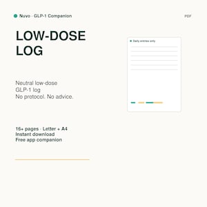 May include: A digital PDF document titled Nuvo GLP-1 Companion Low-Dose Log. The page features dark green text, a graphic of a daily entry log with horizontal lines, and a small color-coded bar. It specifies 16+ pages in Letter and A4 sizes.