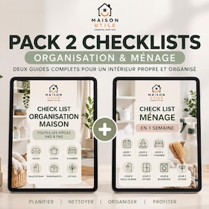 Peut inclure: Un ensemble de deux listes de contrôle numériques pour l'organisation et le ménage de la maison. Les tablettes affichent le texte PACK 2 CHECKLISTS, ORGANISATION & MÉNAGE, avec des icônes pour les pièces et les tâches quotidiennes.