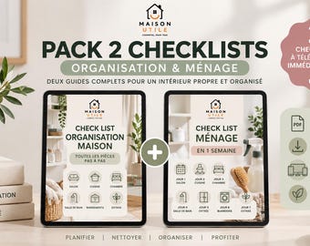 Peut inclure: Un ensemble de deux listes de contrôle numériques pour l'organisation et le ménage de la maison. Les tablettes affichent le texte PACK 2 CHECKLISTS, ORGANISATION & MÉNAGE, avec des icônes pour les pièces et les tâches quotidiennes.