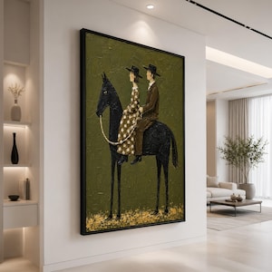 黒い馬に乗った男性のウォールアートプリント、オリーブグリーンの乗馬カップルの装飾、ウエスタン風の具象画、ヴィンテージカントリースタイル