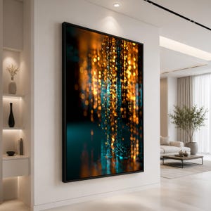 Canvasprint met binaire code, futuristische digitale muurdecoratie, abstracte tech-decoratie in turquoise en goud, poster voor de cyberpunk computerkamer