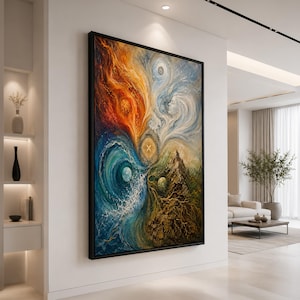May include: A rectangular wall art piece in a black frame featuring a vibrant, multi-colored painting. The composition is divided into four sections representing elemental themes with swirling orange fire, flowing blue water, earthy brown roots, and a white profile.