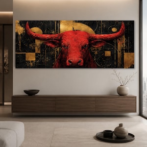 Stampa su tela Red Bull, arte murale nera e oro, ritratto di bovini Long Horn, arredamento moderno in stile ranch western per ufficio o studio, stampa Red Bull