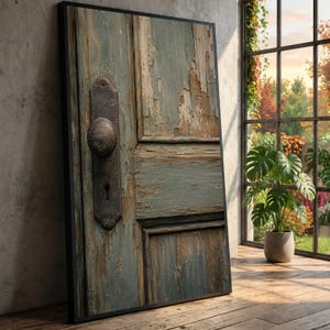 May include: A framed wall art print featuring a close-up of a weathered wooden door with peeling blue-green paint, a dark metal rectangular backplate, and a round, rusted metal doorknob with a visible keyhole centred on the left side.
