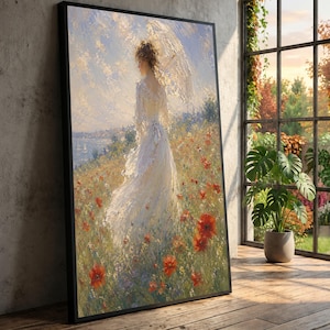 May include: A framed vertical oil painting depicting a person in a long white dress standing in a field of red poppies and wildflowers. The person holds a white parasol, facing toward a distant body of water under a bright, textured, cloudy sky.