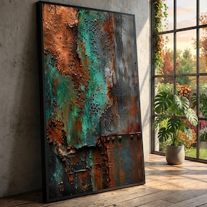 May include: A rectangular wall art piece featuring a heavily textured, abstract composition of oxidized metal. The surface displays a mix of deep rust-orange, vibrant turquoise, and dark charcoal tones, with visible rivets along the lower right edge.