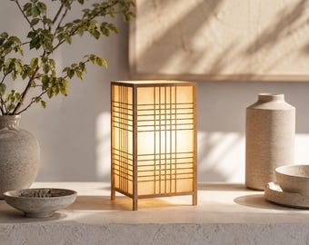 Japanese Shoji Table Lamp, Zen Wood Lantern LED Light for Minimalist Wabi Sabi Interiors