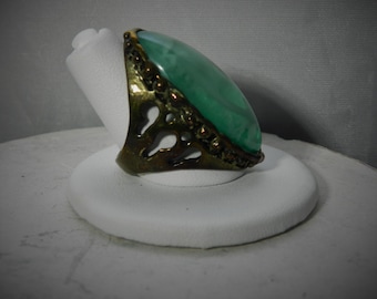 Vintage Fused Green Glass and Brass  Large Statement Ring Beautiful Estate Jewelry