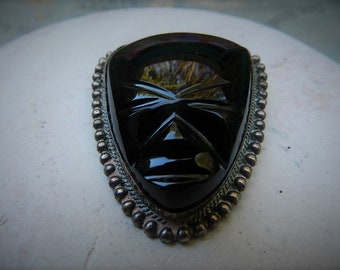 1940's Large Black Onyx Carved Face Mayan God  Mask Sterling Silver Brooch - Vintage signed Mexico Pin