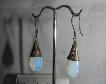 Fabulous Handmade moonstone gem drop chandelier pierced hook earrings with ornate silver engraving and 925 stamp hallmark
