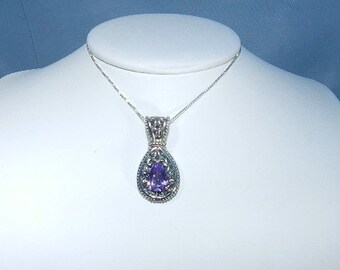 New Sterling Silver Purple Amethyst Gemstone Necklace - Stunning Pendant with Silver Chain - Art Deco Style