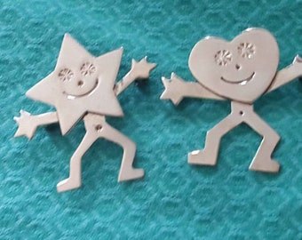 Set of Two Extremely Rare & Whimsical Vintage Mexico Sterling Silver Star and Heart people pins - 925 Signed