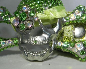 Mint Peridot Green and Silver colored Swarovski Crystal Pirate Skull Belt and buckle- Dazzling Designer accessory with free pirate bag