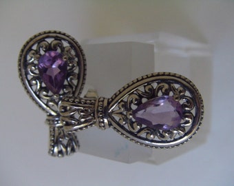 New Sterling Silver Purple Amethyst Gemstone drop Earrings - Pierced Beautiful! Glamorous Teardrop Gemstones set in ornate silverwork.