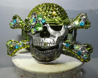 Green Peridot colored Swarovski Crystal Pirate Skull Belt and buckle- Dazzling Designer accessory with free pirate bag