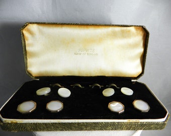 Antique Vintage Lambournes bham Gold Mother of Pearl (abalone) Sophos button set in original - Victorian Jewelry Accessory