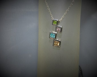 Contemporary Squares Italian Hallmarked Sterling Silver necklace -  Blue Green Pink Yellow