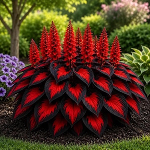 May include: A vibrant plant featuring a dense cluster of heart-shaped leaves with deep black centers and bright red edges. Multiple tall, slender, cone-shaped spikes covered in small, vivid red flowers rise vertically from the center of the foliage.
