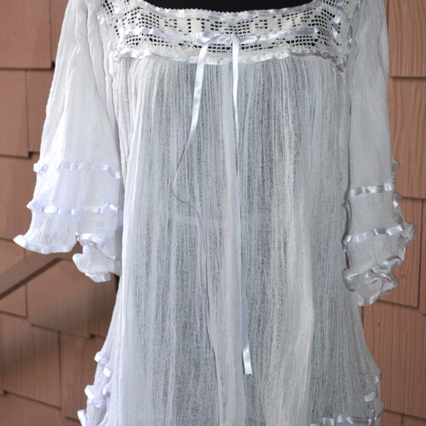 Mexican Gauze Sheer Crochet Lace Bell Kimono Drape Gypsy Dress Top