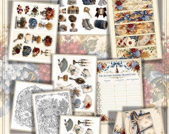 Blue Hydrangea Junk Journal Kit, Victorian Autumn Ephemera (Digital Download)