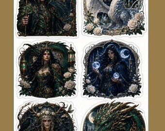 Dark Fantasy Dragon Printable Stickers, Emerald Gold, Bookish, RPG
