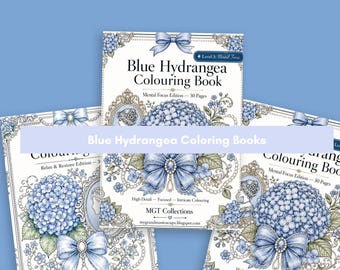 Hydrangea Adult Coloring Book Printable, Blue Blooms, Regency Scenes PDF