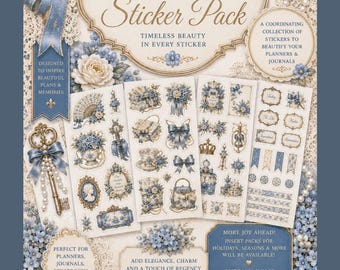 Blue Hydrangea Printable Stickers | Regency Floral Gold Sticker Sheets | Instant Download PDF