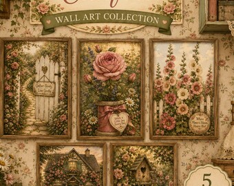 Cottagecore Floral Wall Art Set, Printable 8x10 Gallery, Dusty Rose Decor