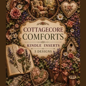 Könnte beinhalten: Eine digitale Grafik mit dem Text COTTAGECORE COMFORTS KINDLE INSERTS 5 DESIGNS, umgeben von Blumenarrangements, einem Weidenkorb, einem herzförmigen Stoffornament, einem aufgeschlagenen Buch mit einer Rose, einem Vogelhaus und einem alten Schlüssel.
