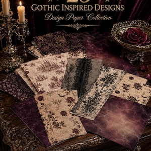 Könnte beinhalten: Eine Sammlung von 25 Designpapieren mit verschiedenen Mustern, darunter dunkle Blumenmotive, gotische Architektur und strukturierte Hintergründe. Der Text 25 GOTHIC INSPIRED DESIGNS Design Paper Collection steht oben.