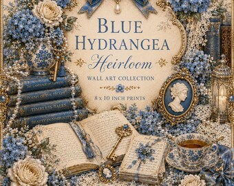 Blue Hydrangea Printable Wall Art Set, cream and gold instant download