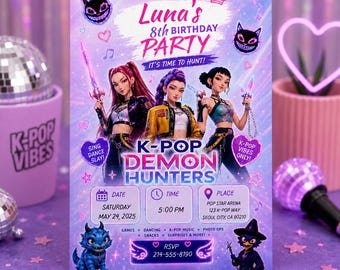 K-Pop Demon Hunters Birthday Invitation, Editable Canva K-Pop Party Invite, Girls Birthday, Digital Printable Invitation