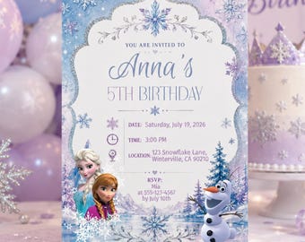 Invitación de cumpleaños de Frozen editable en Canva, invitación para fiesta de Frozen, cumpleaños de invierno, invitación de princesa copo de nieve, cumpleaños infantil
