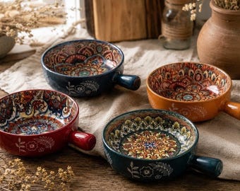 Hand Painted Ceramic Pasta Bowl with Handle