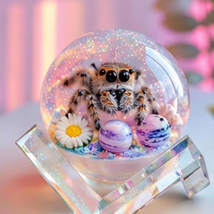 May include: A clear glass snow globe containing a fuzzy brown jumping spider, a white daisy with a yellow center, and two small purple and white striped spheres. The globe rests on a V-shaped, transparent, angular crystal-like stand.