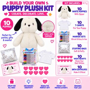 Könnte beinhalten: Ein Bausatz für Welpen-Plüschtiere bestehend aus zehn weißen Plüschwelpen mit schwarzen Ohren, zehn weißen T-Shirts, zehn Marker-Sets, zehn Beuteln mit Füllmaterial, zehn rosa Wunschherzen und zehn Geburtsurkunden zum Ausfüllen und Gestalten.