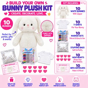 Könnte beinhalten: Ein Bausatz für Hasen-Plüschtiere mit 10 weißen Plüschhasen mit Reißverschluss, 10 weißen T-Shirts, 10 Marker-Sets, 10 Füllmaterialbeuteln, 10 rosa Wunschherzen und 10 Geburtsurkunden zum Gestalten und Dekorieren der Plüschhasen.