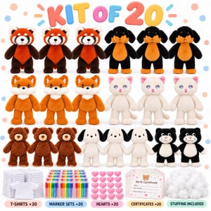 May include: A kit of 20 plush animals including red pandas, dogs, foxes, cats, bears, and black cats. Includes 20 white t-shirts, 20 marker sets, 20 pink hearts, 20 birth certificates, and a bag of stuffing. Text reads KIT OF 20 and Birth Certificate.