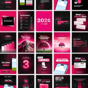 May include: A collection of twenty-five digital marketing graphics featuring a consistent color palette of black and vibrant pink. The designs include text, charts, smartphone illustrations, and abstract imagery related to business growth, AI, and software updates.
