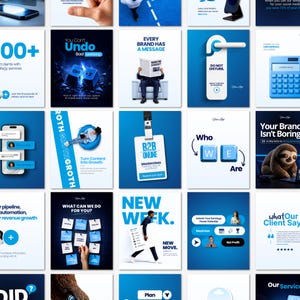 Op de afbeelding: Een raster van vijfentwintig vierkante marketingafbeeldingen met een consistent blauw en wit kleurenschema. De afbeeldingen tonen diverse zakelijke illustraties, waaronder een toetsenbordtoets, een luiaard en zelfklevende notitieblaadjes.