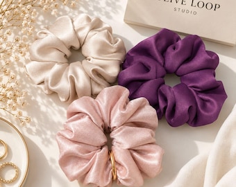 Set de 3 coleteros extragrandes de satén / Coleteros rosas y morados / Colección Bloom / Regalo para ella