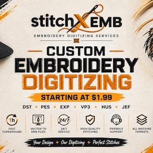 May include: A promotional graphic for stitchXEMB embroidery digitising services featuring a black cap with logo, a tiger head embroidery design, and spools of thread. Text includes CUSTOM EMBROIDERY DIGITISING, file formats like DST, PES, and service icons.
