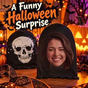 May include: Two black fabric covers with rounded tops. One cover features a white graphic of a human skull. The other cover displays a realistic photographic print of a smiling person's face. The text A Funny Halloween Surprise is visible.