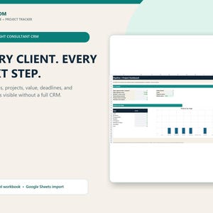 May include: A Tallyloom client pipeline and project tracker digital template featuring a dashboard with dark teal headers, a bar chart, and data tables. The text reads: Tallyloom, Client Pipeline + Project Tracker, Lightweight Consultant CRM, Every Client. Every Next Step.