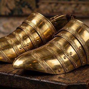 Puede incluir: Un par de escarpes de latón pulido con placas articuladas superpuestas, que presentan intrincados patrones grabados a lo largo de los bordes y pequeños remaches. Cada pieza incluye una correa de cuero marrón con hebilla metálica en el talón.